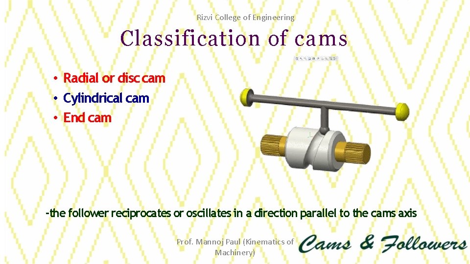 Rizvi College of Engineering Classification of cams • Radial or disc cam • Cylindrical