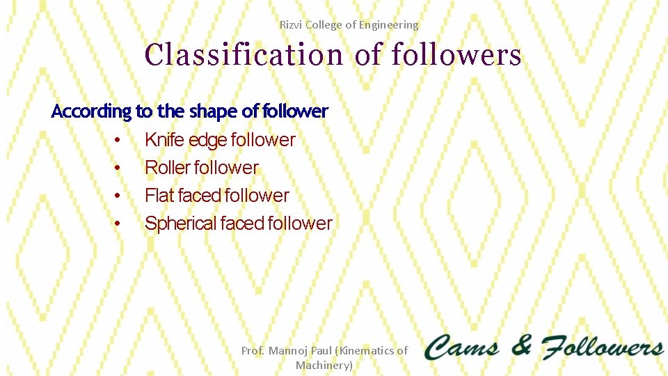 Rizvi College of Engineering Classification of followers According to the shape of follower •