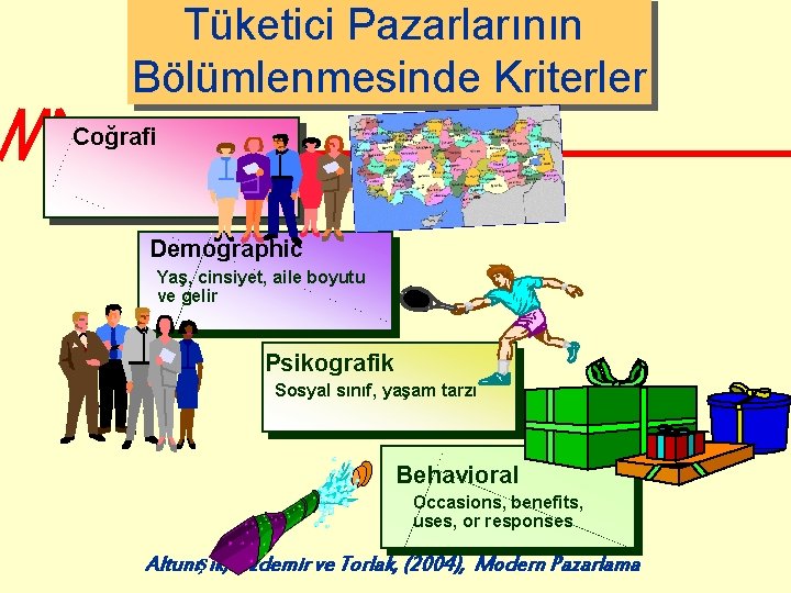 Tüketici Pazarlarının Bölümlenmesinde Kriterler Coğrafi Demographic Yaş, cinsiyet, aile boyutu ve gelir Psikografik Sosyal