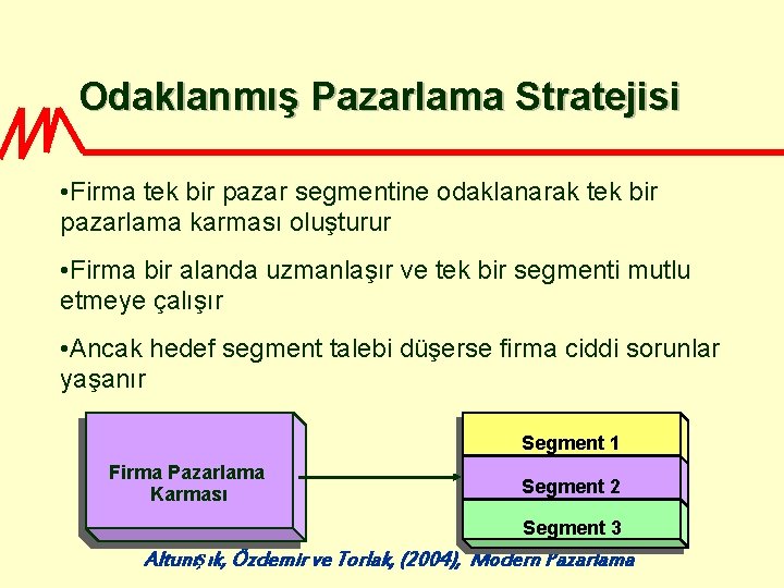 Odaklanmış Pazarlama Stratejisi • Firma tek bir pazar segmentine odaklanarak tek bir pazarlama karması