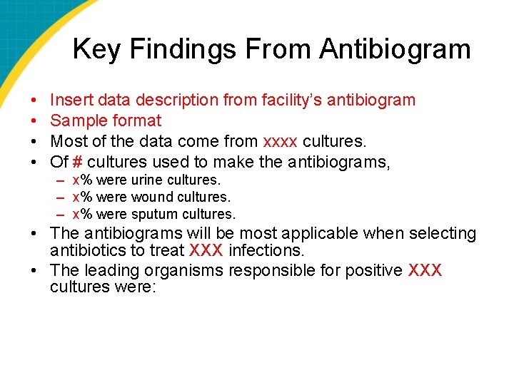 Key Findings From Antibiogram • • Insert data description from facility’s antibiogram Sample format