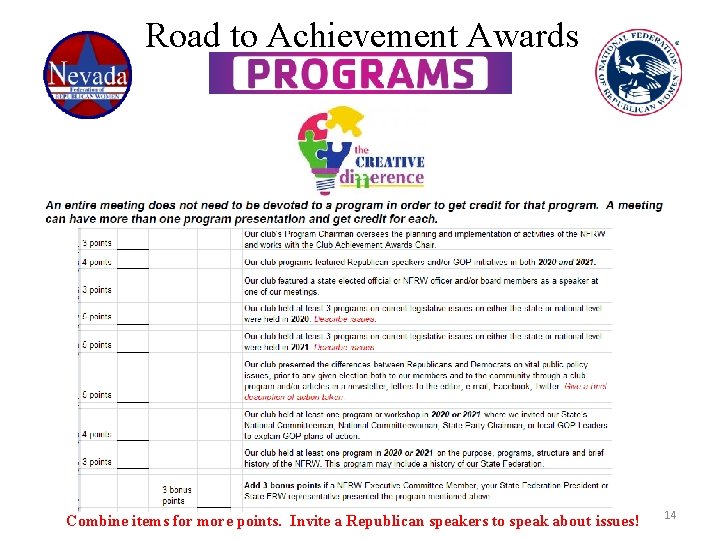 Road to Achievement Awards Combine items for more points. Invite a Republican speakers to
