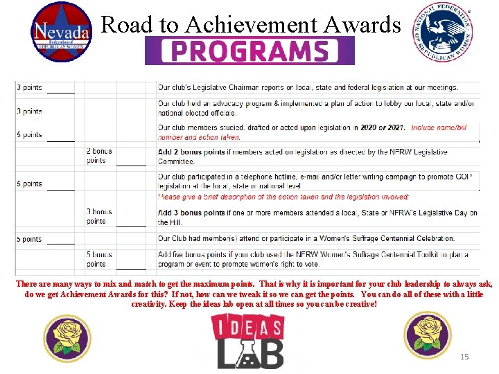 Road to Achievement Awards There are many ways to mix and match to get