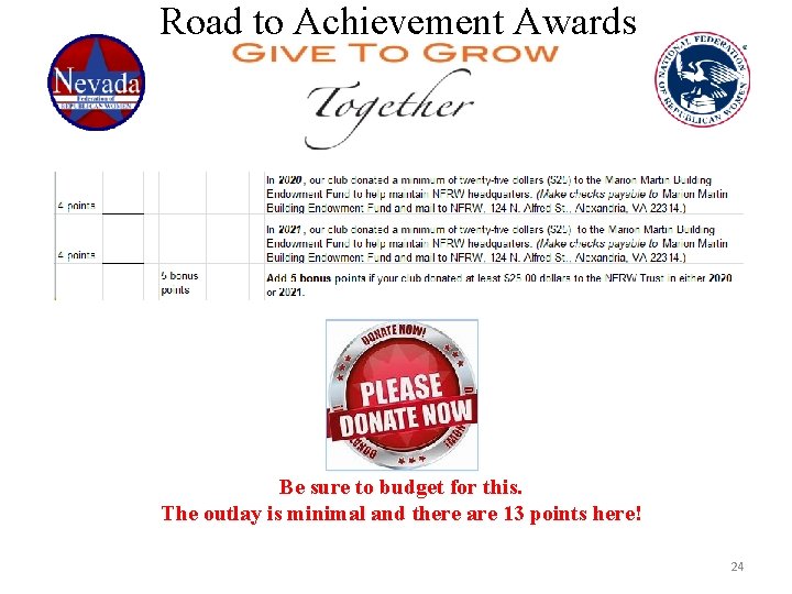 Road to Achievement Awards Be sure to budget for this. The outlay is minimal