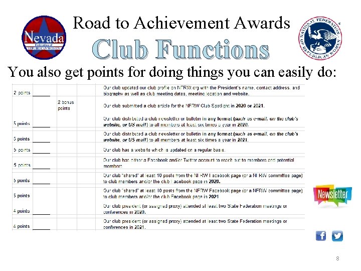 Road to Achievement Awards Club Functions You also get points for doing things you