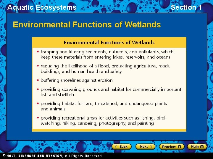 Aquatic Ecosystems Environmental Functions of Wetlands Section 1 