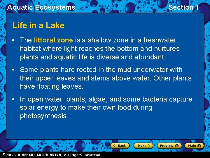 Aquatic Ecosystems Section 1 Life in a Lake • The littoral zone is a