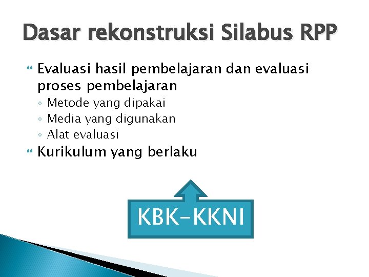 Dasar rekonstruksi Silabus RPP Evaluasi hasil pembelajaran dan evaluasi proses pembelajaran ◦ Metode yang