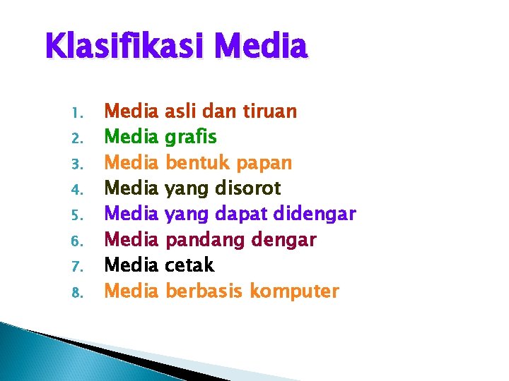 Klasifikasi Media 1. 2. 3. 4. 5. 6. 7. 8. Media Media asli dan