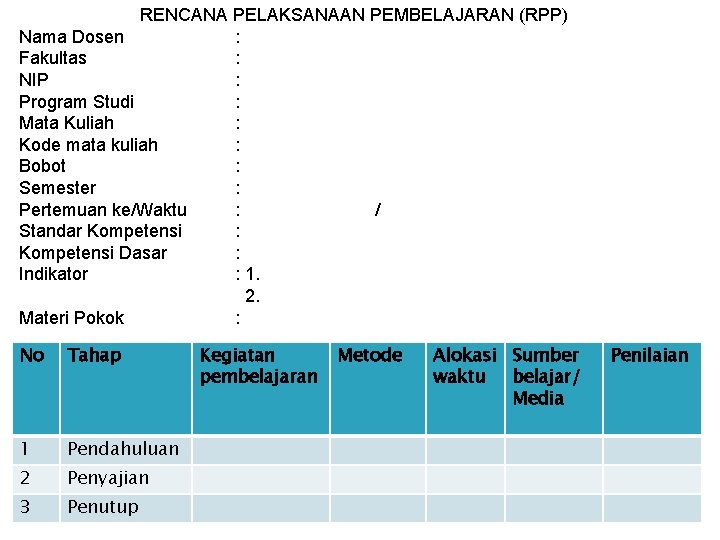 RENCANA PELAKSANAAN PEMBELAJARAN (RPP) Nama Dosen : Fakultas : NIP : Program Studi :