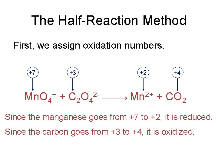 The Half-Reaction Method First, we assign oxidation numbers. +7 +3 +2 +4 Mn. O