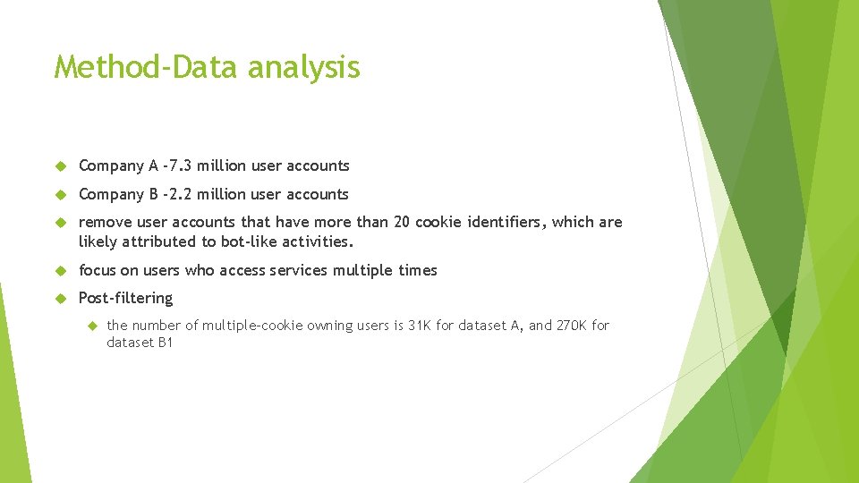 Method-Data analysis Company A -7. 3 million user accounts Company B -2. 2 million