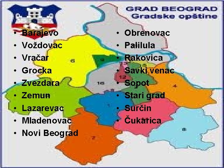  • • • Barajevo Voždovac Vračar Grocka Zvezdara Zemun Lazarevac Mladenovac Novi Beograd