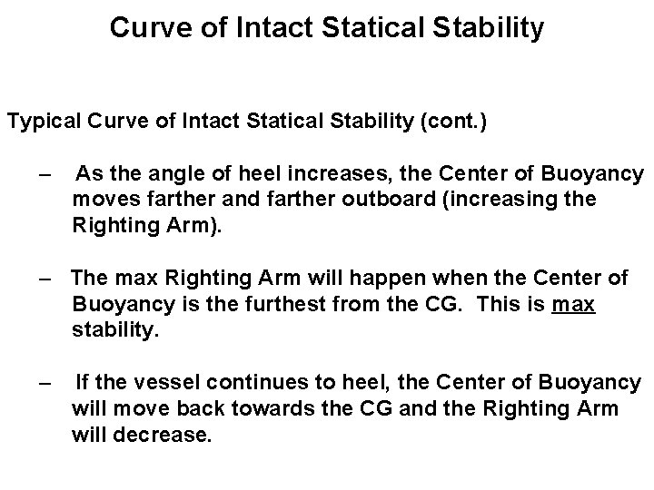 Curve of Intact Statical Stability Typical Curve of Intact Statical Stability (cont. ) –