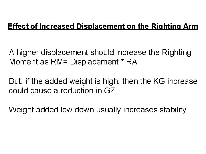 Effect of Increased Displacement on the Righting Arm A higher displacement should increase the