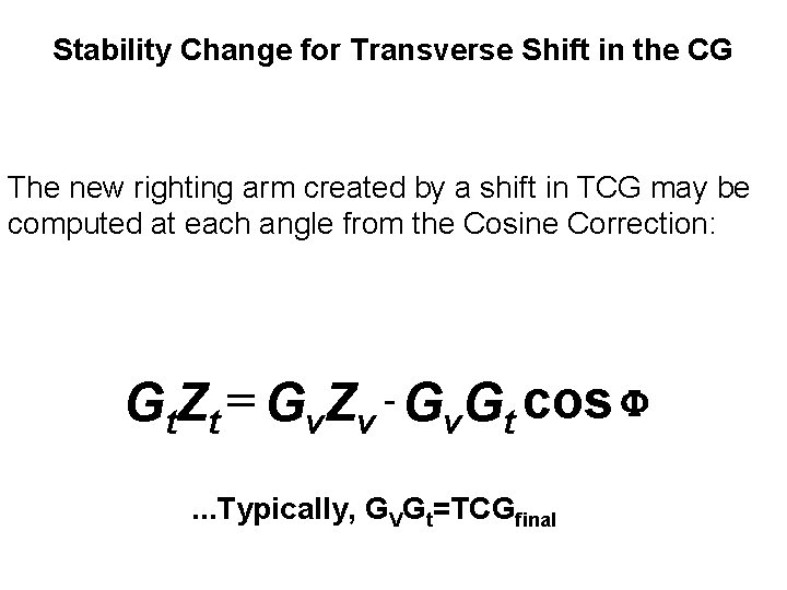 Stability Change for Transverse Shift in the CG The new righting arm created by