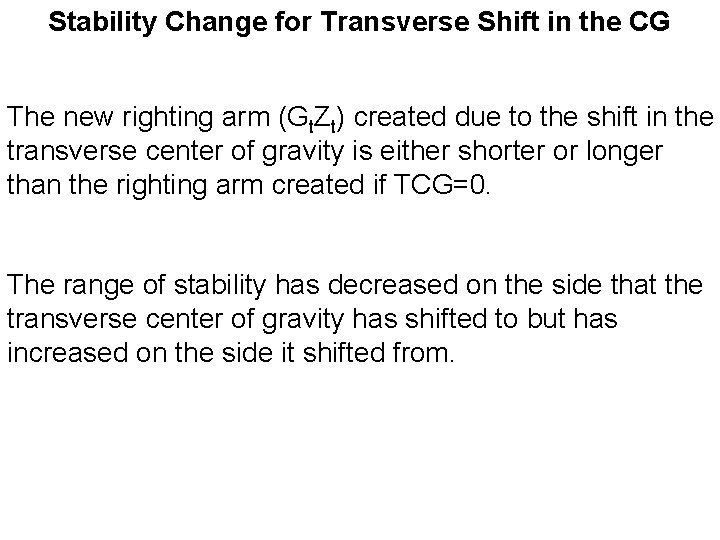 Stability Change for Transverse Shift in the CG The new righting arm (Gt. Zt)