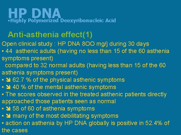 HP DNA • Highly Polymerized Deoxyribonucleic Acid Anti-asthenia effect(1) Open clinical study : HP