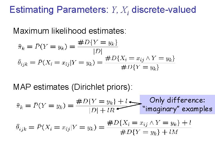 Estimating Parameters: Y, Xi discrete-valued Maximum likelihood estimates: MAP estimates (Dirichlet priors): Only difference: