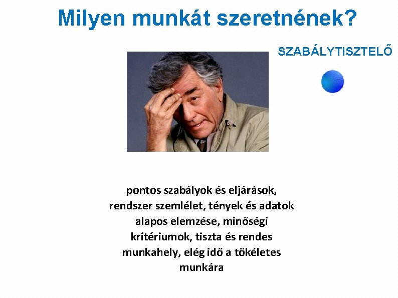 Milyen munkát szeretnének? SZABÁLYTISZTELŐ pontos szabályok és eljárások, rendszer szemlélet, tények és adatok alapos