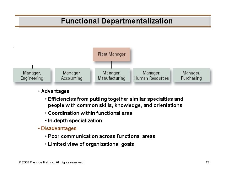 Functional Departmentalization • Advantages • Efficiencies from putting together similar specialties and people with