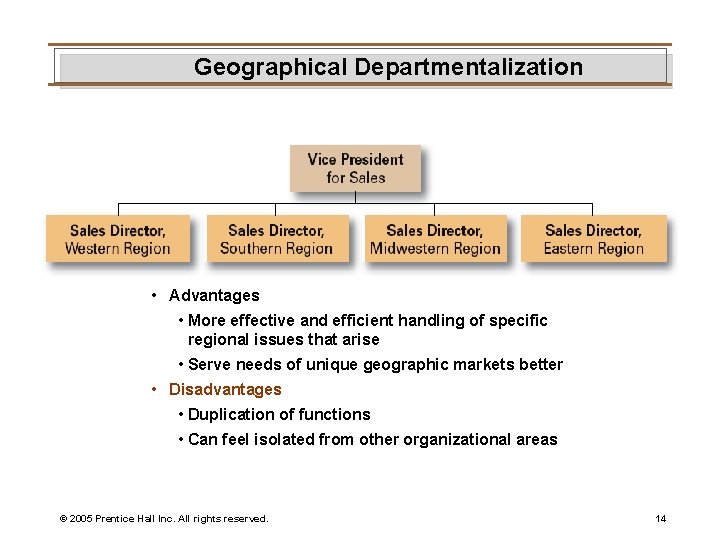 Geographical Departmentalization • Advantages • More effective and efficient handling of specific regional issues