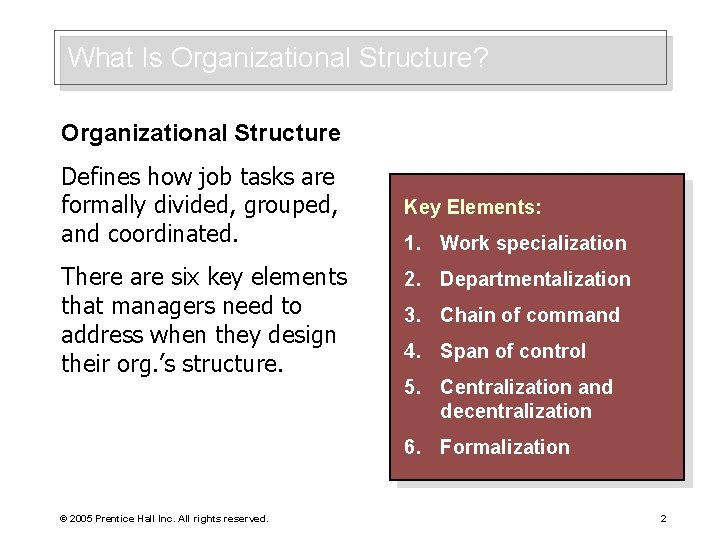 What Is Organizational Structure? Organizational Structure Defines how job tasks are formally divided, grouped,