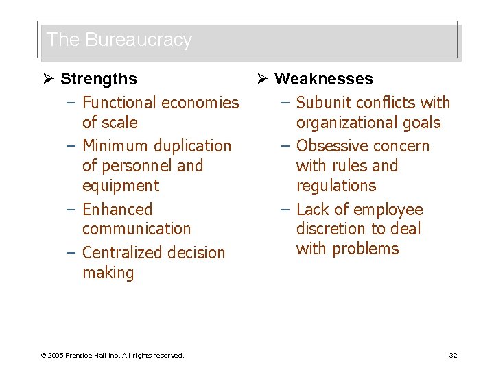 The Bureaucracy Ø Strengths – Functional economies of scale – Minimum duplication of personnel