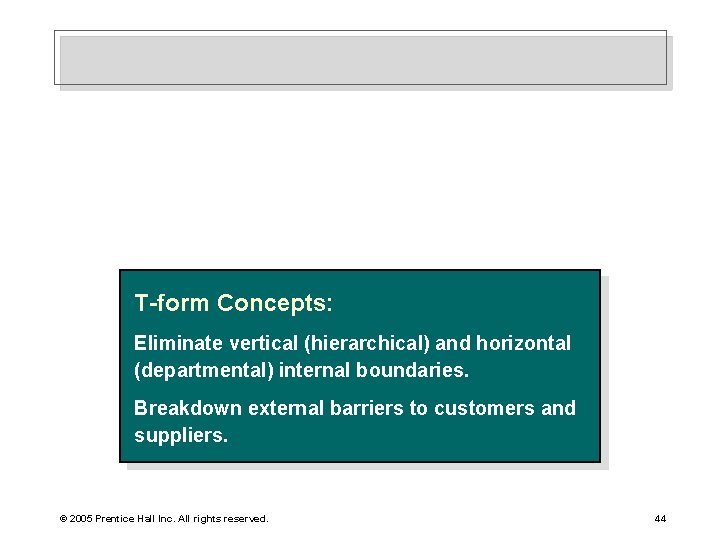 T-form Concepts: Eliminate vertical (hierarchical) and horizontal (departmental) internal boundaries. Breakdown external barriers to