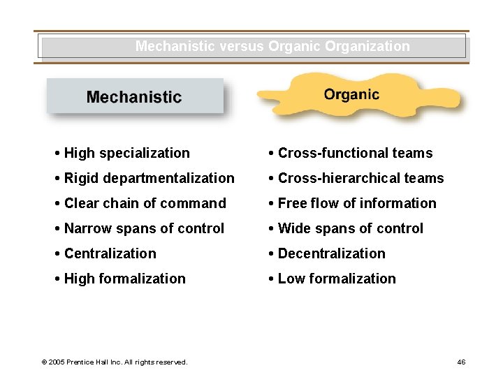 Mechanistic versus Organic Organization • High specialization • Cross-functional teams • Rigid departmentalization •