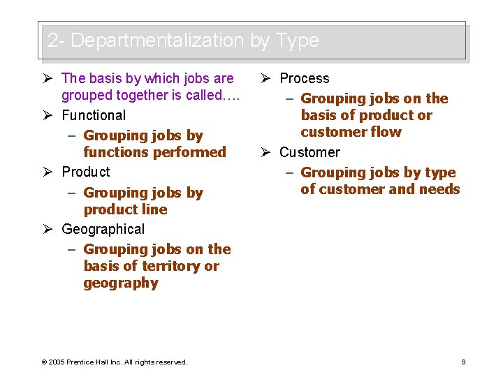 2 - Departmentalization by Type Ø The basis by which jobs are grouped together