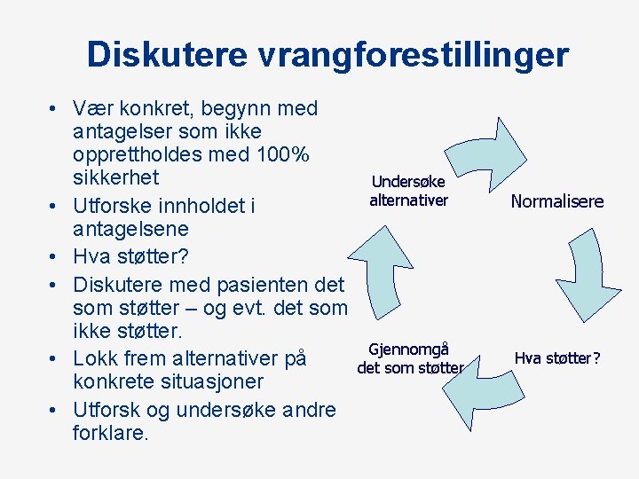 Diskutere vrangforestillinger • Vær konkret, begynn med antagelser som ikke opprettholdes med 100% sikkerhet