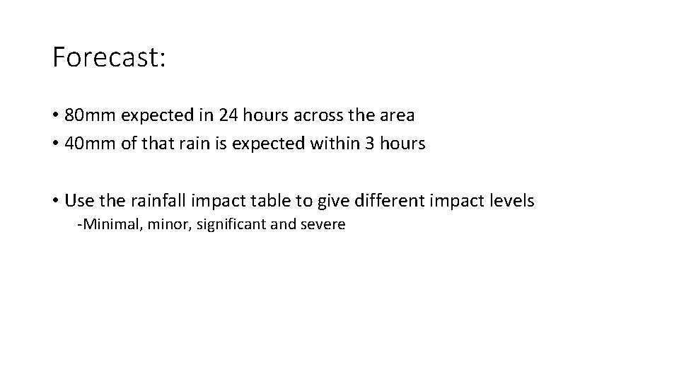 Forecast: • 80 mm expected in 24 hours across the area • 40 mm