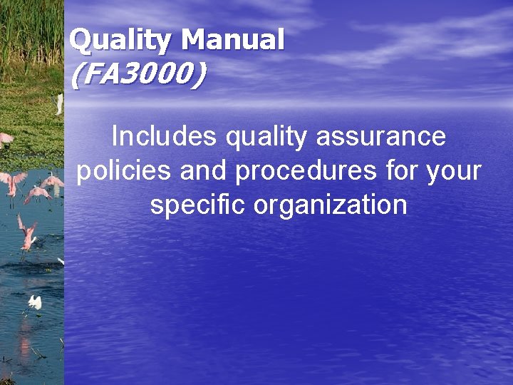 Quality Manual (FA 3000) Includes quality assurance policies and procedures for your specific organization