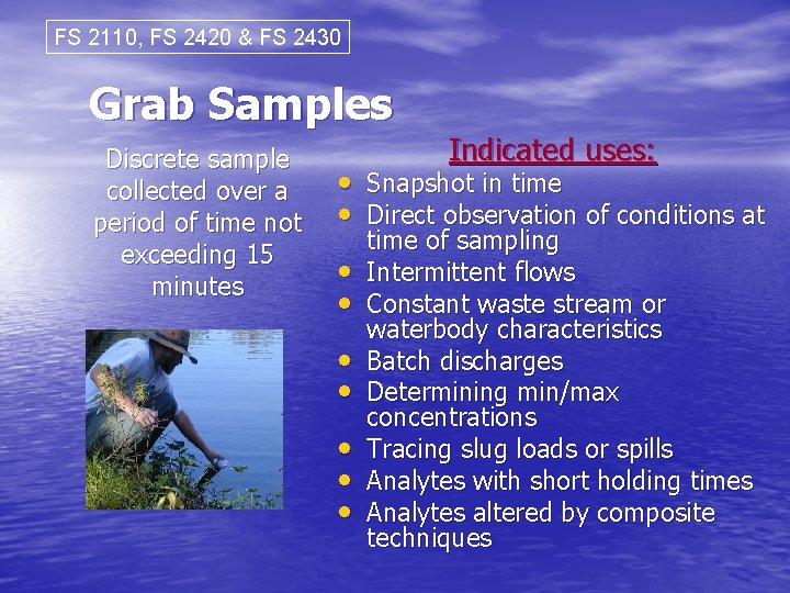 FS 2110, FS 2420 & FS 2430 Grab Samples Discrete sample collected over a