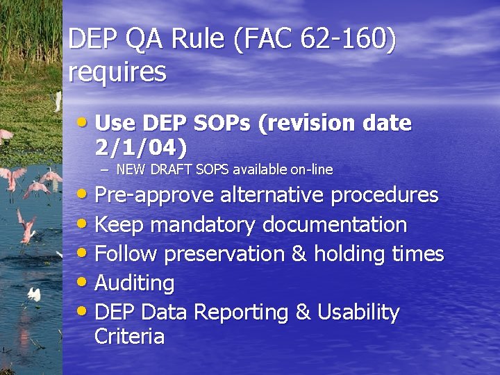 DEP QA Rule (FAC 62 -160) requires • Use DEP SOPs (revision date 2/1/04)