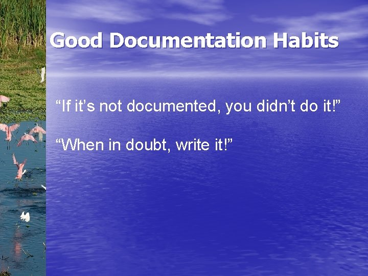 Good Documentation Habits “If it’s not documented, you didn’t do it!” “When in doubt,