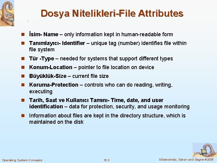 Dosya Nitelikleri-File Attributes n İsim- Name – only information kept in human-readable form n