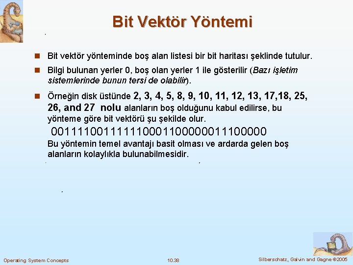 Bit Vektör Yöntemi n Bit vektör yönteminde boş alan listesi bir bit haritası şeklinde