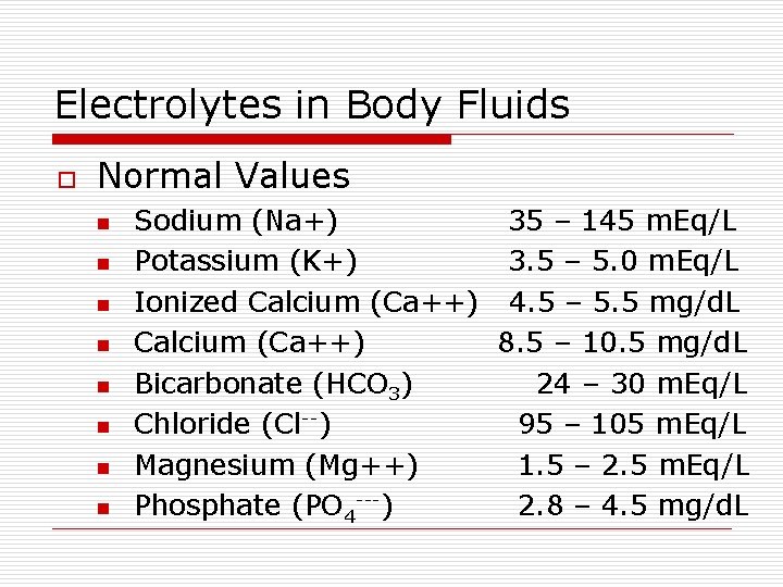 Electrolytes in Body Fluids o Normal Values n n n n Sodium (Na+) 35