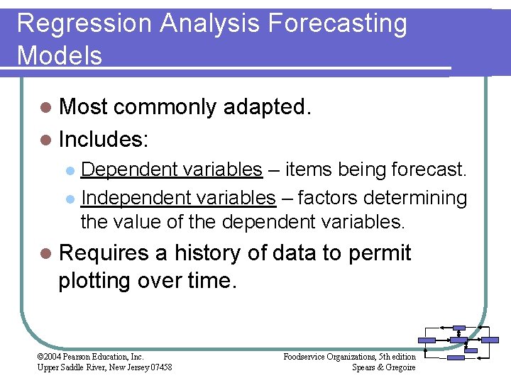 Regression Analysis Forecasting Models l Most commonly adapted. l Includes: Dependent variables – items