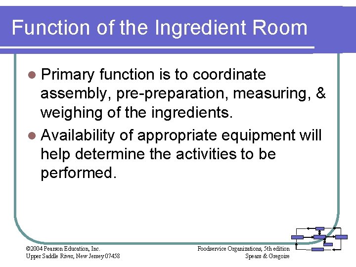 Function of the Ingredient Room l Primary function is to coordinate assembly, pre-preparation, measuring,