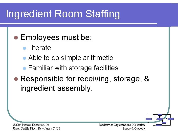 Ingredient Room Staffing l Employees must be: Literate l Able to do simple arithmetic