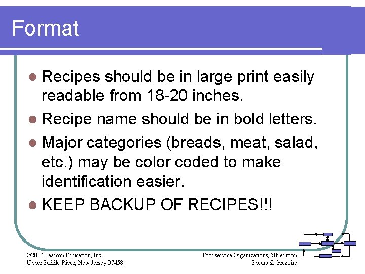 Format l Recipes should be in large print easily readable from 18 -20 inches.