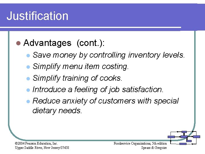Justification l Advantages (cont. ): Save money by controlling inventory levels. l Simplify menu
