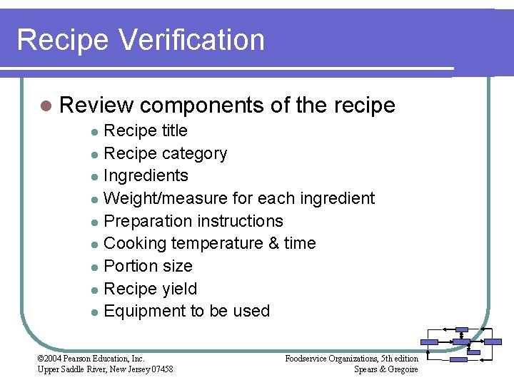 Recipe Verification l Review components of the recipe Recipe title l Recipe category l