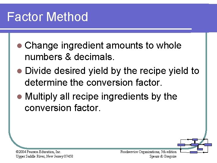 Factor Method l Change ingredient amounts to whole numbers & decimals. l Divide desired