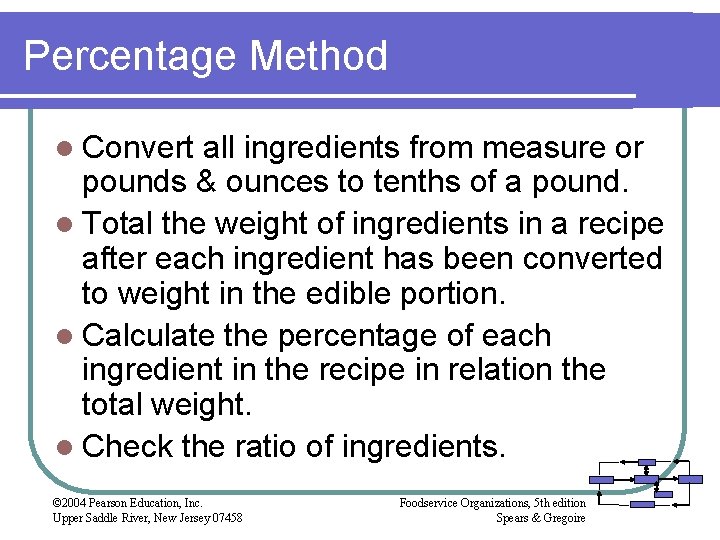 Percentage Method l Convert all ingredients from measure or pounds & ounces to tenths