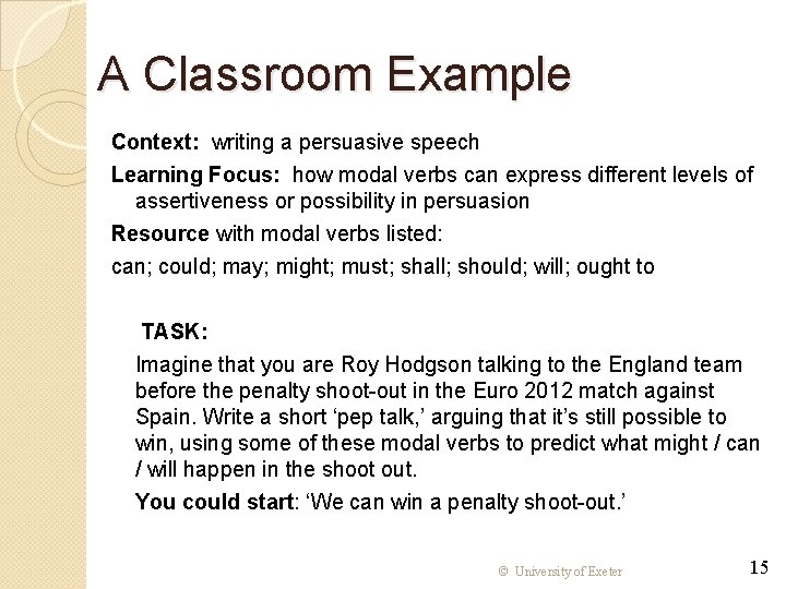 A Classroom Example Context: writing a persuasive speech Learning Focus: how modal verbs can