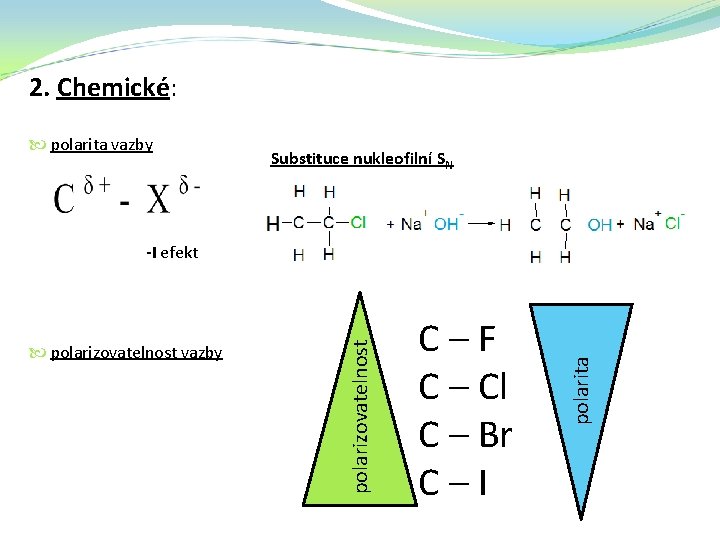 2. Chemické: polarita vazby Substituce nukleofilní SN C–F C – Cl C – Br
